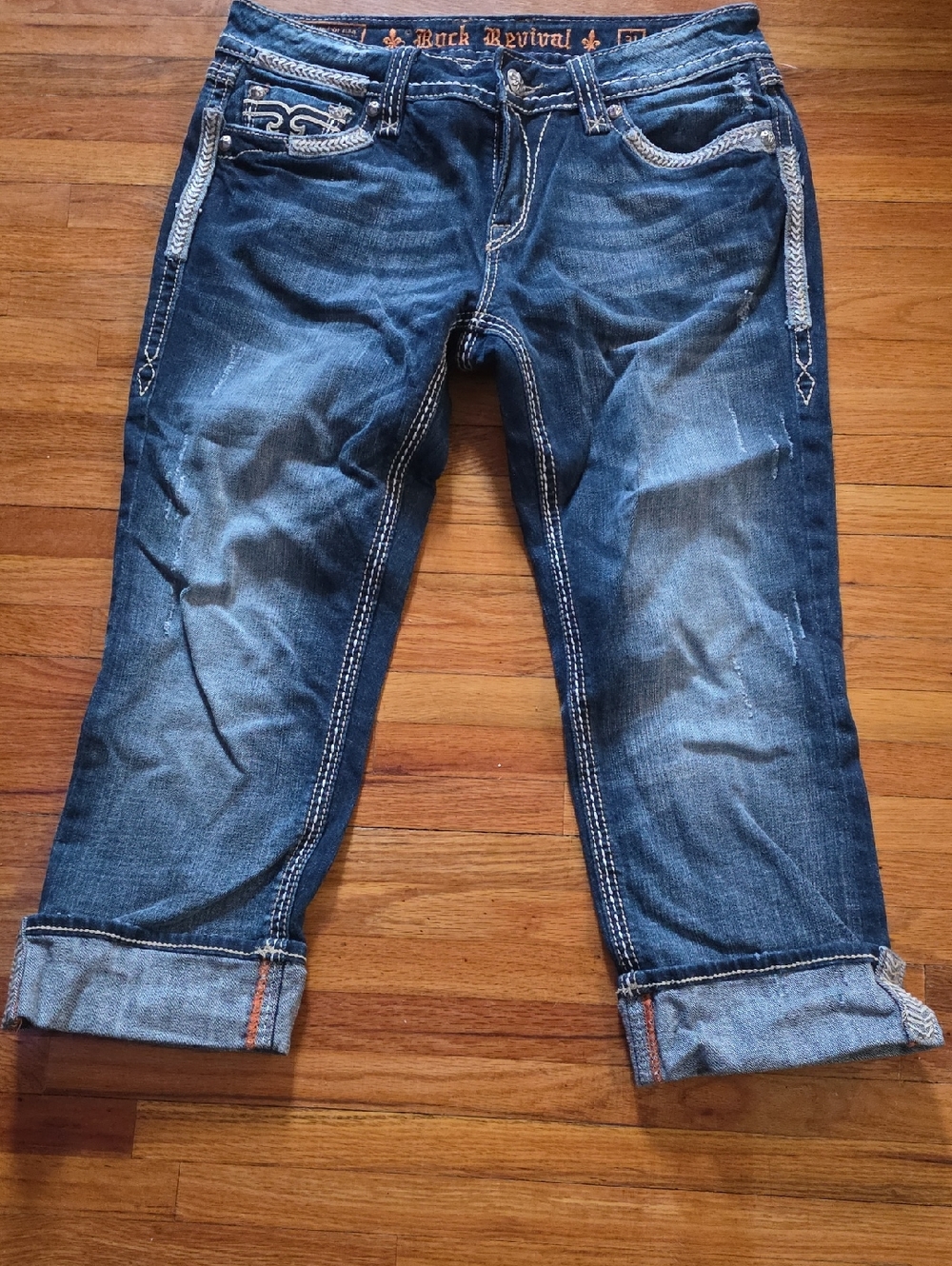 Rock Revival Women's Indigo Blue Relaxed Jeans with Cuffed Hem Capris